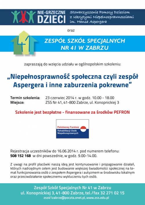 Szkolenie „Niepełnosprawność społeczna czyli zespół Aspergera i inne zaburzenia pokrewne”