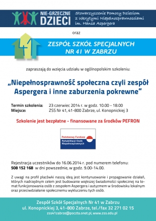 Szkolenie „Niepełnosprawność społeczna czyli zespół Aspergera i inne zaburzenia pokrewne”