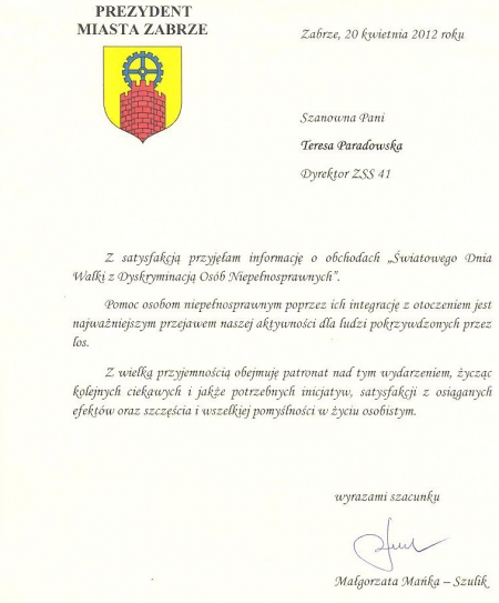 Pismo Prezydent Miasta Zabrze pani Małgorzaty Mańka - Szulik w sprawie panelu